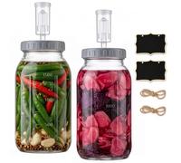 Gunolye 2 Pack Fermentation Jars, Glass Fermenting Jar 2L with Water Seal Airlock Lids, Wide Mouth Kimchi Container, Home Fermentation Pot for Sauerkraut, Sourdough Starter, Kefir, Vegetable Pickling