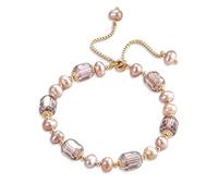Guo Qiao Pearl and Crystal Bracelet, Gold-Toned Chain for Women Pink Freshwater Pearls with Glass Beads Mother's Day Gifts for Mom Grandmother