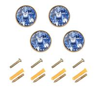 GuoChe 4 Pack Cabinet Door Knobs Art Russian Blue Cats Blue_4 Boho Dresser Knobs Gold for Dresser Drawers 1.26 Inch (32mm)