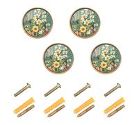 GuoChe 4 Pack Cabinet Door Knobs Spring Flowers Daffodil Orchid Butterflies Bees Teal Cabinet Knobs Gold for Dresser Drawers Dresser Drawers 1.26 Inch (32mm)