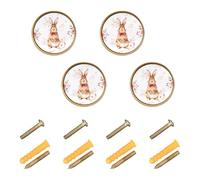 GuoChe 4 Pack Cabinet Pulls and Knobs Gentle Brown Rabbit Rose Berry Watercolor Print Dresser Drawer Pulls for Door and Drawer 1.26"(32mm)