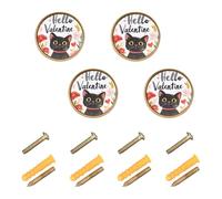GuoChe 4 Pack Round Cabinet Knobs Valentines Day Flowers Black Cats Hello Valentine_3 Vintage Cabinet Knobs for Kitchen 1.26 Inch (32mm)