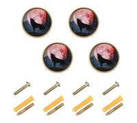GuoChe 4 Pack Round Cabinet Pulls Wolf Howling Red Blood Moon Galaxy Star Night Lunar Eclipse Cabinet Knobs Gold for Dresser Drawers 1.26 Inch (32mm)