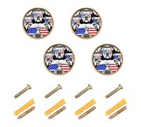 GuoChe 4PCS Cabinet Door Knobs Funny Proud Pitbull USA Flag Patriotic Dog Breed Closet Knobs for Wardrobe 1.26"(32mm)