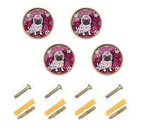 GuoChe 4PCS Cabinet Hardware Knobs Calavera Pug Colorful Dia De Los Muertos Perro Cute Dog Kitchen Knobs for Door and Drawer 1.26 Inch