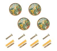 GuoChe 4PCS Cabinet Pulls and Knobs Spring Flowers Daffodil Orchid Butterflies Bees Teal Cabinet Knobs Gold for Wardrobe Wardrobe 1.26 Inch (32mm)