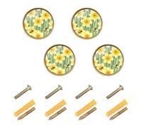 GuoChe 4PCS Cabinet Pulls and Knobs Watercolor Daffodil Bee Seamless Pattern Bright Yellow Spring Floral Dresser Drawer Pulls for Door and Drawer 1.26"