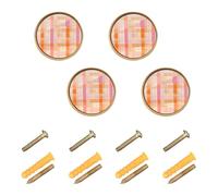 GuoChe 4PCS Kitchen Cabinet Knobs and Handles Funny Plaid Check Orange Boho Dresser Knobs Gold for Wardrobe 1.26 Inch (32mm)