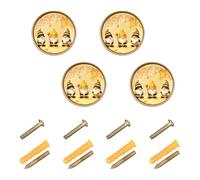 GuoChe 4PCS Round Cabinet Pulls Yellow Bee Gnomes Honeycomb Cute Honey White Background Cabinet Knobs Gold for Cupboards 1.26"(32mm)
