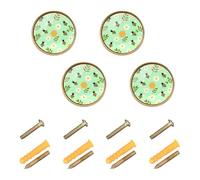 GuoChe 4PCS Round Cabinet Pulls Yellow Cute Bumble Bee Flowers Honeycomb Cabinet Knobs Gold for Cupboards 1.26"(32mm)