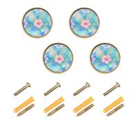 GuoChe 4PCS Round Knobs Turquoise Blue Tropical Palm Leaf Hawaiian Hibiscus Kitchen Knobs for Dresser Drawers 1.26 Inch