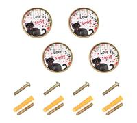 GuoChe 4PCS Round Knobs Valentines Day Flowers Black Cats Love is Sweet_2 Vintage Cabinet Knobs for Kitchen 1.26 Inch (32mm)