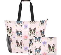 GuoChe Beach Tote Bag Lightweight & Smooth Print for Shopping | Pastel Blush Background French dog Floral
