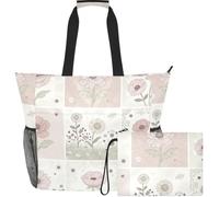 GuoChe Beach Tote Bag Lightweight & Smooth Print for Shopping | Soft Blush Poppy and Daisy Floral Tile