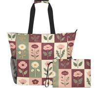 GuoChe Beach Tote Bag Lightweight & Smooth Print for Travel | Rustic Red and Green Floral Patchwork
