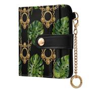 GuoChe Black Background Gold Chain and Monstera Leaf Pattern Women's Folding Card Wallet Fancy PU Leather Wallet With Card Slots for Women Boys Girls