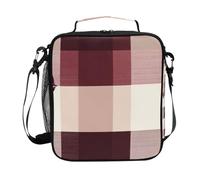 GuoChe Buffalo Plaid Check Burgundy White Leaves Insulated Square Lunch Bag Large Capacity Lunch Bag, Leak-Proof Office/School/Picnic Lunch Tote for Work/Travel