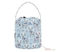 GuoChe Christmas Blue Reindeer Pattern with Snowflakes and Holly Yarn Bag Yarn Travel Bag Portable Storage Bags for Crochet Hook Knitting Supply