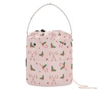 GuoChe Christmas Candy Cane Holly Berries Yarn Bag Crochet Organizer Bag with Holes Craft Bag for Knitting Tool Crochet Organizers