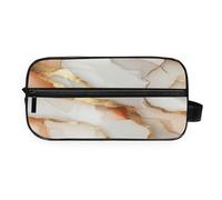 GuoChe Cosmetic Bag Easy to Carry PU Leather Handle Bathroom Organizer Marble White Brown