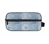 GuoChe Cosmetic Bag Hanging Design PU Leather Handle Makeup/Shaving/Toiletry Storage Light Blue Snowflake Christmas Print