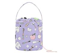 GuoChe Cute Teeth and Objects Dental Care on Purple Crochet Yarn Bag Yarn Storage Containers Portable Yarn Tote for Knitting Tools Knitting Supply