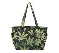 GuoChe Cute Tote Bag for Women Foldable Bags for Work Travel Gym College with Compartment Green Leaves Black Vintage