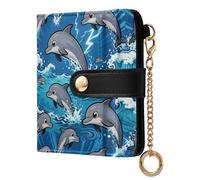 GuoChe Dolphin Ocean Wave Women's Small Folding Wallet Waterproof PU Leather Bifold Wallet for Women