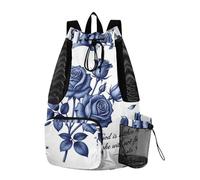 GuoChe Draw String Back Bag Camp Bag With Water Bottle Holder Dry Wet Separation Blue Rose Verse
