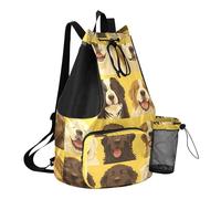 GuoChe Drawstring Backpack For Swim Gym Bag With Pockets Athletic Cinch Sack Dry Wet Separation, Unique Dogs Face Yellow, One Size, Childrens-school-backpacks