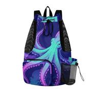 GuoChe Drawstring Backpacks Climbing Gym Bag With Pockets Wet and Dry Separation octopodes Pattern Green Pink Blue Sea Life