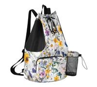 GuoChe Drawstring Backpacks Gym Swim Bag With Water Bottle Pocket String Swim Bag Dry Wet Separation, Autumn Flowers Butterflies White, One Size, Childrens-school-backpacks