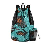 GuoChe Drawstring Bags Camp Bag With Water Bottle Pocket Wet and Dry Separation Blue Leopard Print