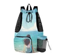 GuoChe Drawstring Bags For Men Women Gym Sackpack With Pockets Wet and Dry Separation Girl in Blue Floral Romper at Beach