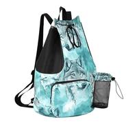 GuoChe Drawstring Bags Pool Bag With Inside Pockets String Backpack Bag Dry Wet Separation, Aesthetic Wolfs Turquoise, One Size, Childrens-school-backpacks
