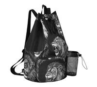 GuoChe Drawstring Bags Pool Bag With Inside Pockets String Backpack Bag Dry Wet Separation, Chic Lions Black, One Size, Childrens-school-backpacks