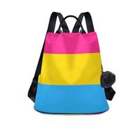 GuoChe Fashion Backpack for Women Travel Anti-theft for Travel, Work, Everyday with Pom-pom Keychain, Magenta Yellow Blue Abstract Stripes, One Size, Travel Backpacks