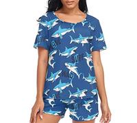 GuoChe Funny Sharks Blue Womens Pajama Sets Short Sleeve Pajama Set for Women Pj Shorts for Ladies Lounge Set, Funny Sharks Blue, L
