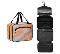 GuoChe Hanging cosmetic travel bag with Hook, Designer waterproof large capacity makeup bag for trip essentials gym bolsos para hombre M, Marble Peach Blush, M, Colorful