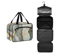 GuoChe Hanging travel bag for toiletries with Hook, Designer foldable cosmetic bags for essentials for women trip estuche para brochas maquillaje M, Marble Sage Green white, M, Colorful