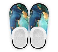 GuoChe House Slippers for Women Coral Fleece Non-Slip Lightweight House Slipper Socks Bedroom Home Office Travel Yoga M, Marble Royal Blue Green, Large