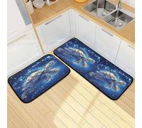 GuoChe Kitchen Rugs Set of 2 Cute Cosmic Star Sea Turtle on Navy | Anti Fatigue Kitchen Floor Mats Non-Slip Bathroom Carpet Door Mat Decor