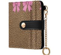 GuoChe Ladies Bifold Wallet Portable PU Leather Wallet for Women Boys Girls, Light Blush Ribbon Bow Coquette On Cheetah Leopard, One Size, Modern