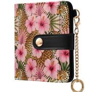 GuoChe Ladies Folding Coin Wallet Cute Compact PU Leather Wallet for Women Boys Girls, Leopard Print Hibiscus Flower Blush Floral, One Size, Modern