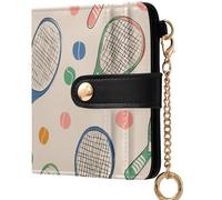 GuoChe Ladies PU Leather Bifold Wallet Convenient Compact PU Leather Wallet for Women Boys Girls, Colorful Tennis Racket & Ball Sport, One Size, Modern