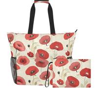 GuoChe Large Beach Bag Water-Resistant for Beach | Poppy Flower Stained Art Deco Wildflower Floral Red Poppies