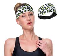 GuoChe Leopard Print Lime Green and Navy Blue Moisture Wicking Fabric Headbands Elastic Sweatbands for Women for Athletic Sports Workouts Make Up Workouts