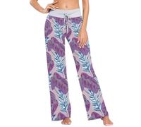 GuoChe Long Pajama Pants For Women Valentine's Day Tropical Leaves Pink Purple Womens Pyjama Bottoms for Woman Holiday, Valentine's Day Tropical Leaves Pink Purple, Medium