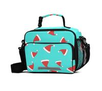GuoChe Lunchbag Christmas Turquoise Red Santa Hat Water-Resistant Reusable Insulated Lunch Box with Adjustable Shoulder Strap Reusable Insulated Cooler for Work Picnic or Travel