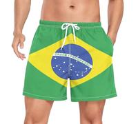 GuoChe Men's Swimwear Trunks Men 2In1 Workout Running Shorts with Compression Liner and Pockets Training Shorts Quick Dry, National Flag of Brazil, L